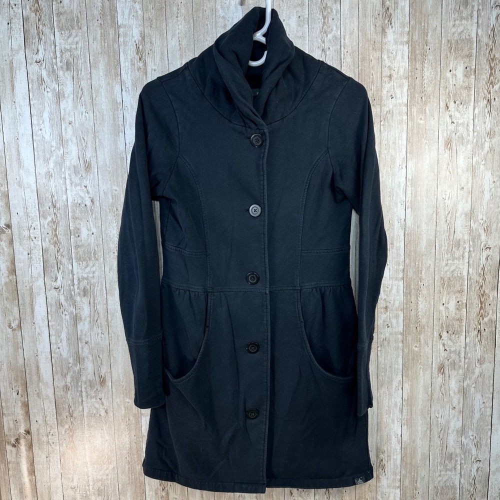 Prana Athletic Black Organic‎ Cotton Blend Coat Jacket Swing Funnel Neck sz XS